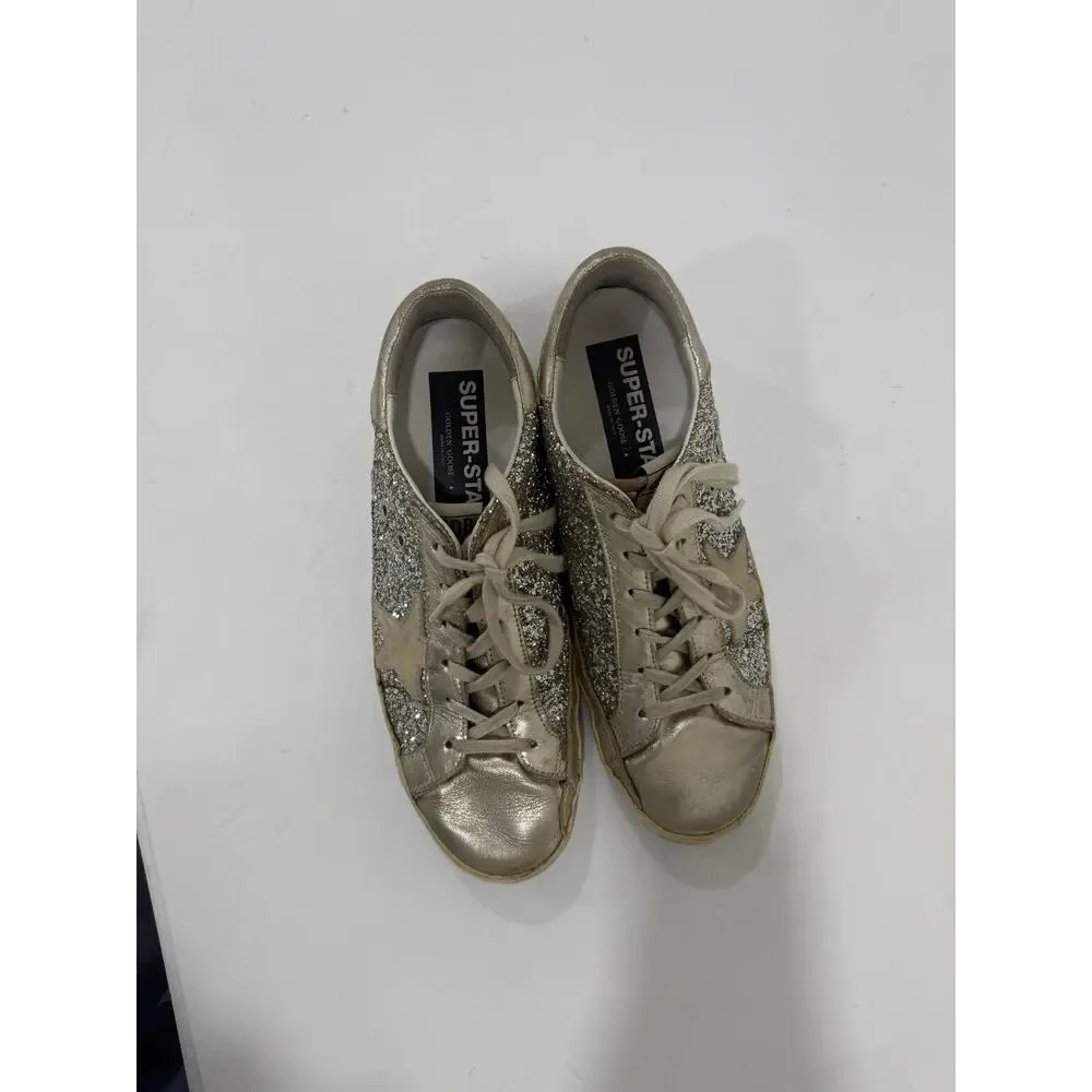 Golden Goose Silver Glitter Suede Superstar Lace Up Sneakers Size 42